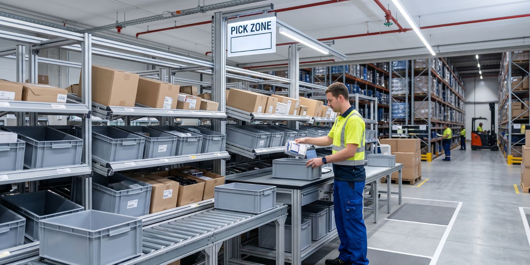 Arbeiter an ergonomischer Picking-Station in moderner Logistikimmobilie entnimmt Ware aus Behälter, umgeben von Regalen und Fördertechnik.